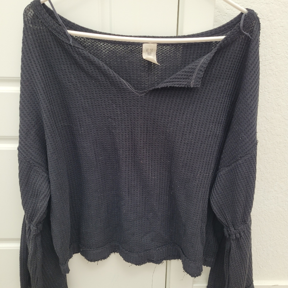 Free People Dahlia Black Thermal Bell Sleeves Top